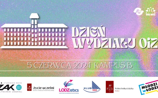 szkic budynku Wydziału na tęczowym tle