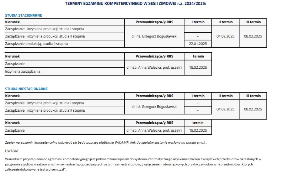 TERMINY EGZAMINU KOMPETENCYJNEGO