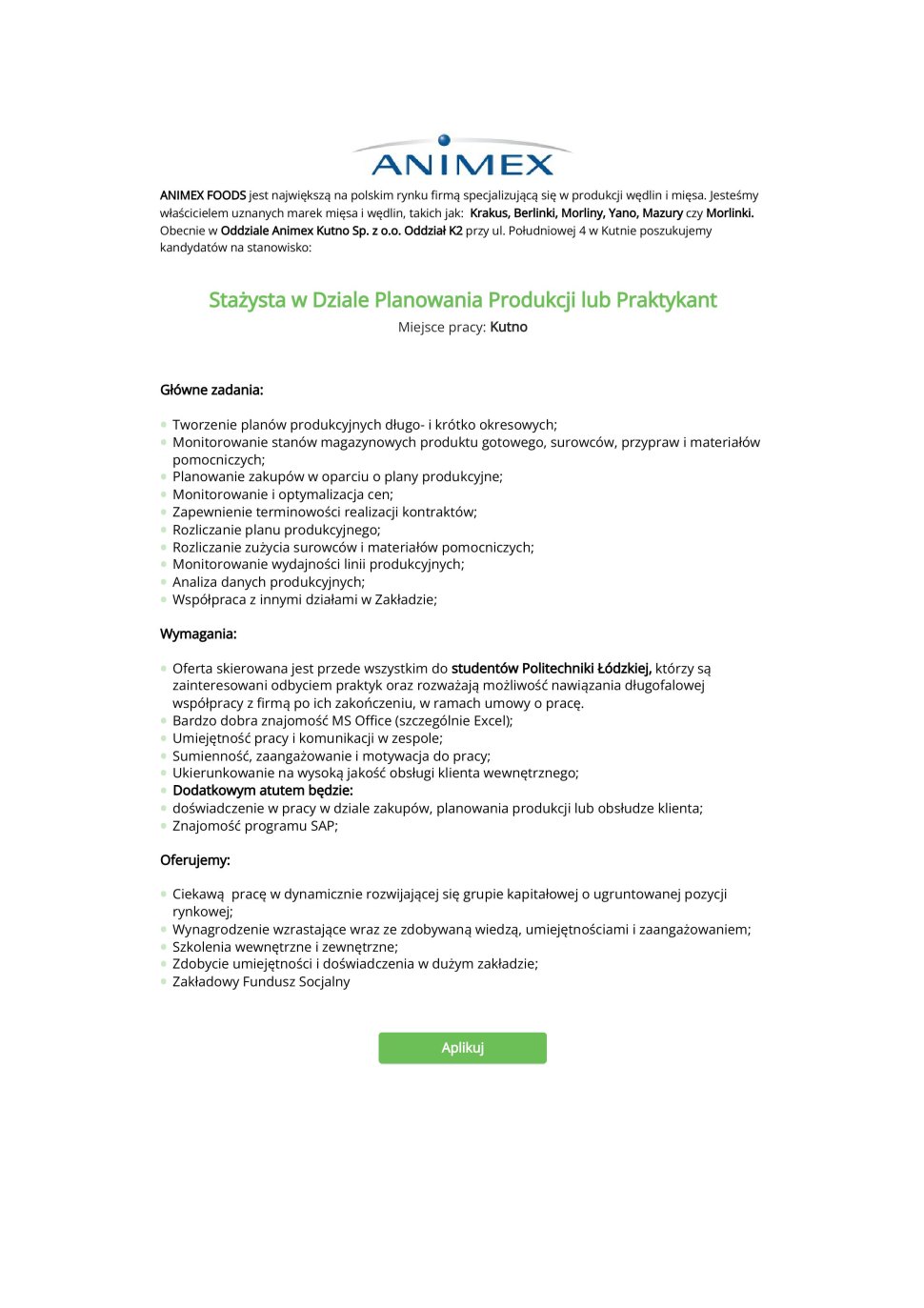 plakat staż w firmie animex
